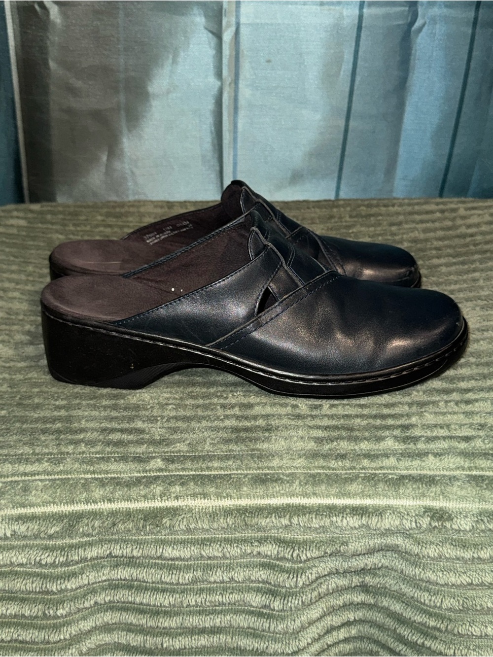 Clarks Navy  Leather Slip-On Mule Sandals